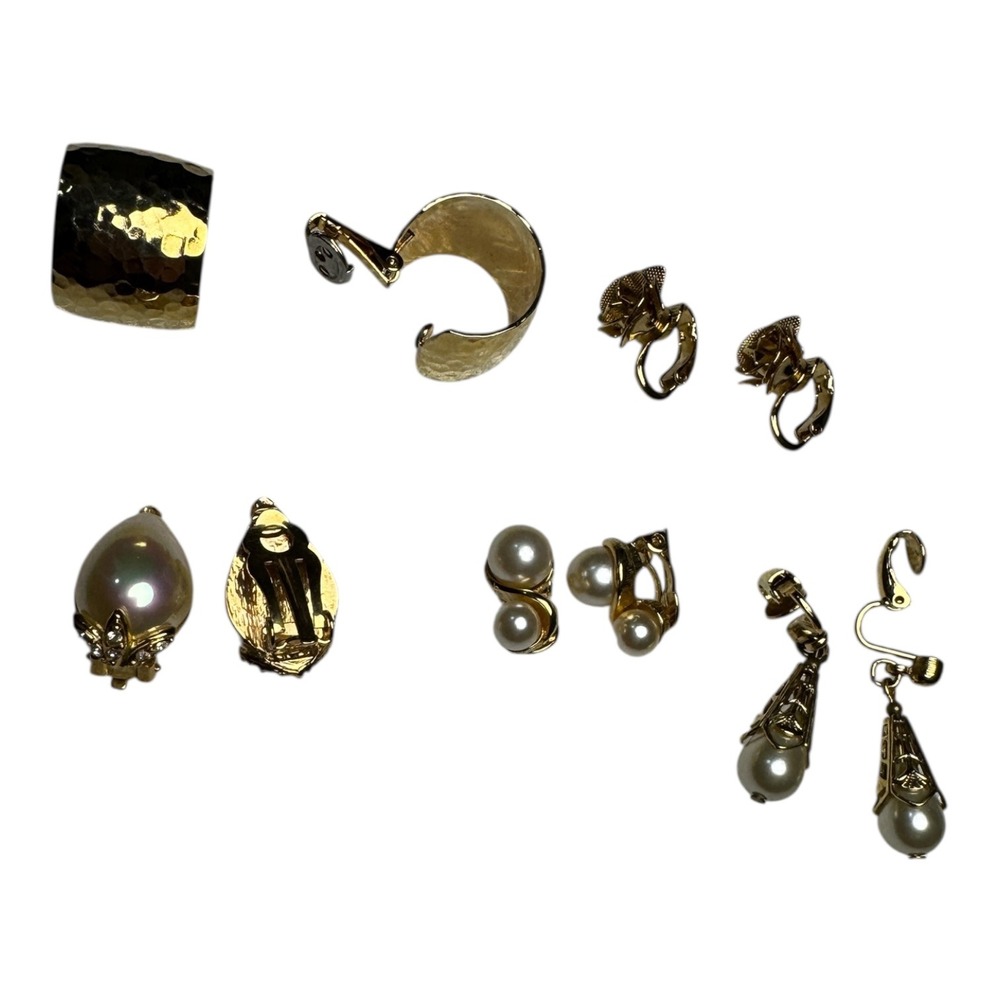 Lot 5 Pairs Clip-On Earrings Vtg Costume Jewelry Gold‎ Tone Faux Pearl Hammered
